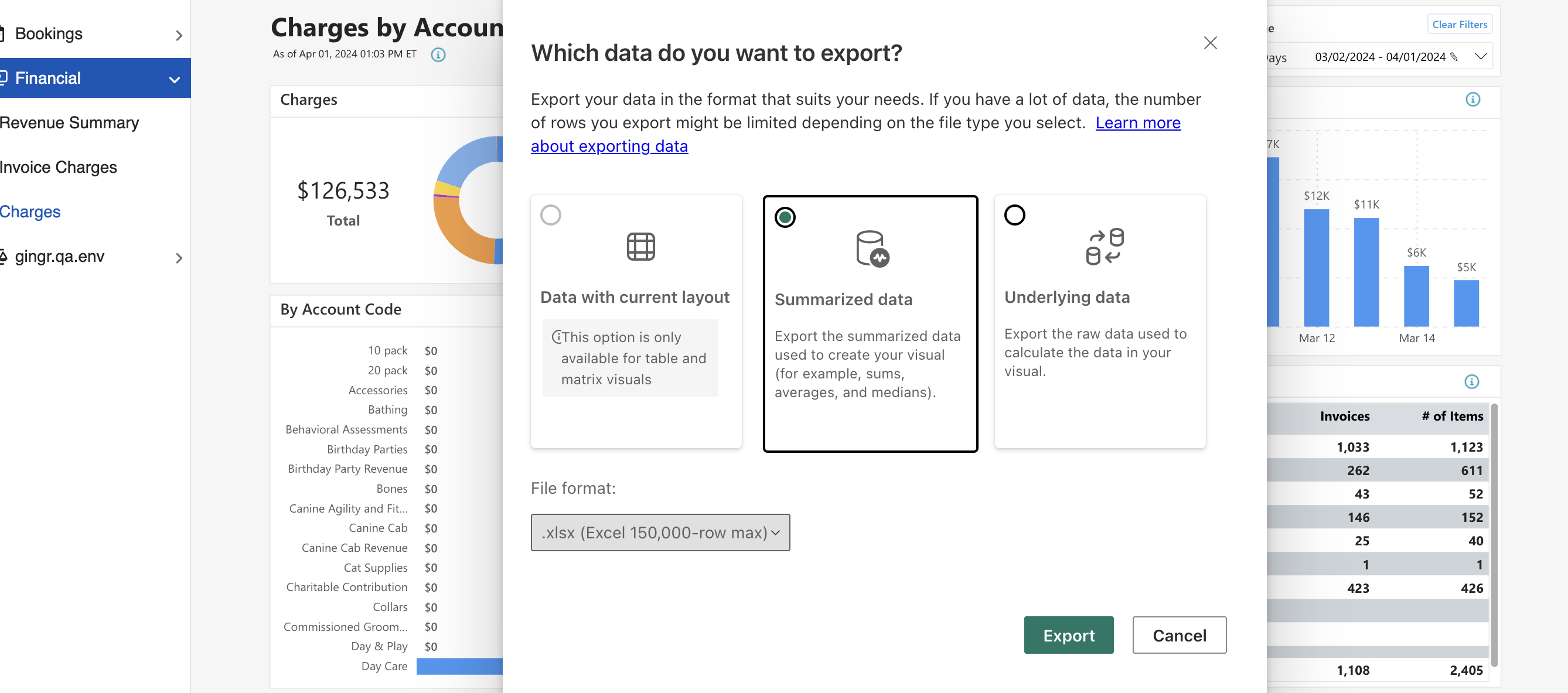 Data export options with pie chart and bar graph.