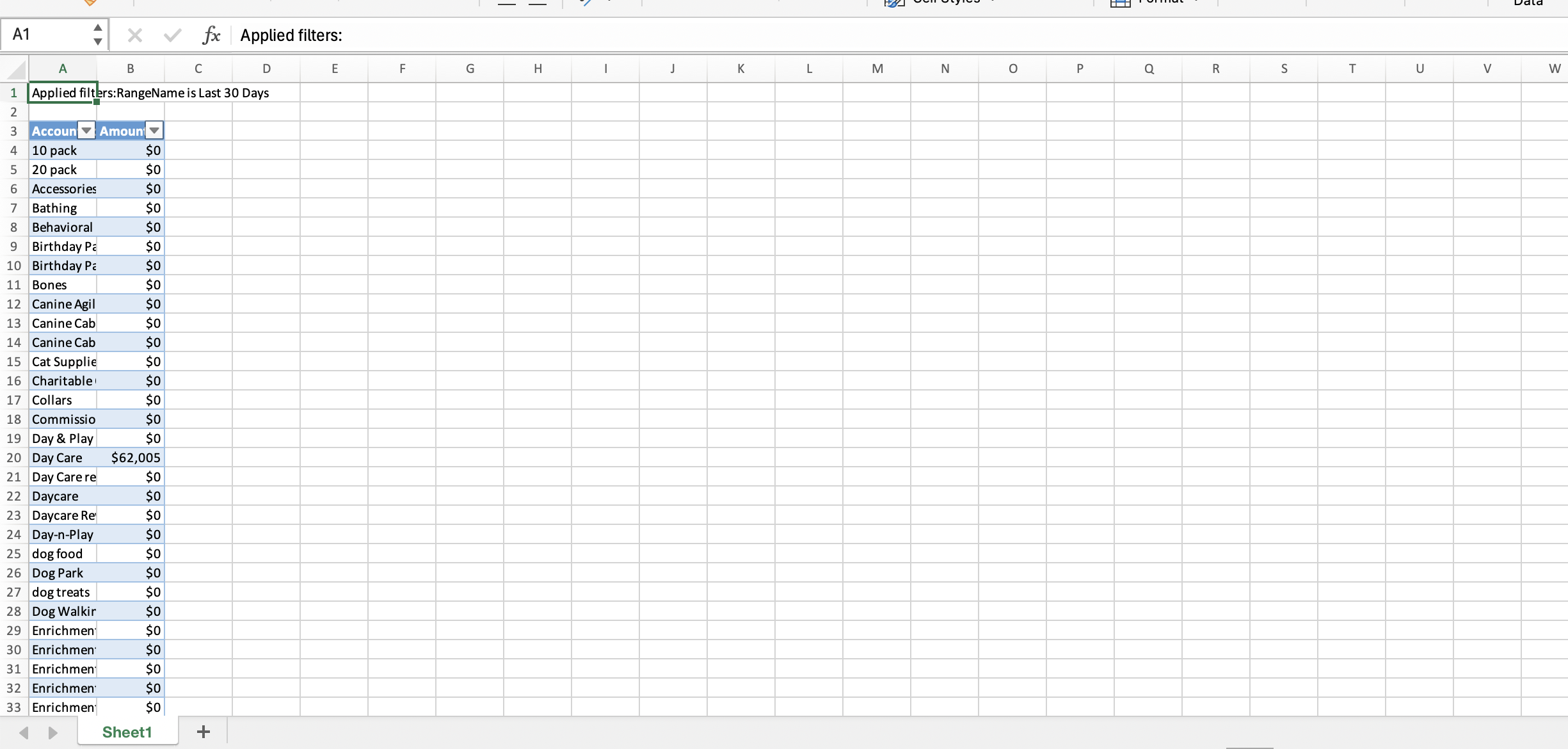 Spreadsheet with account and amount columns.