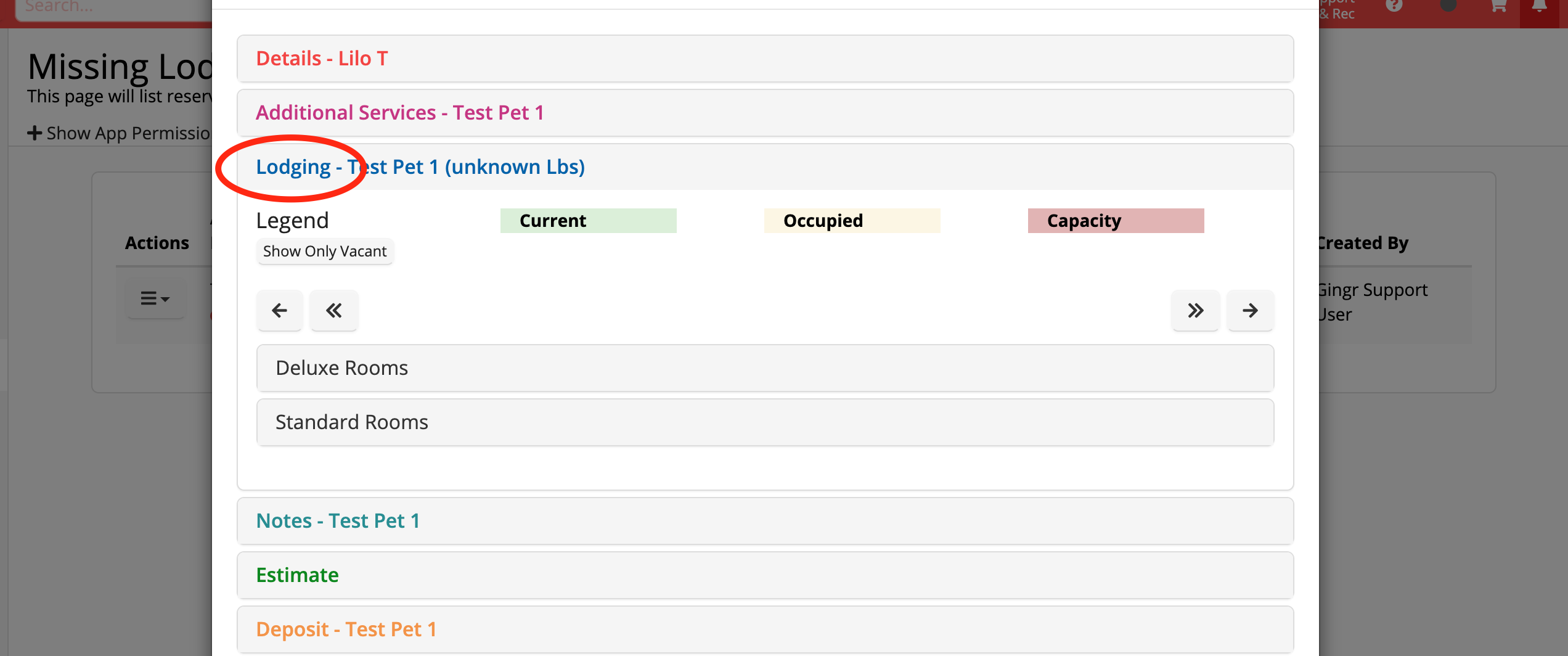 Pet lodging details interface screenshot.