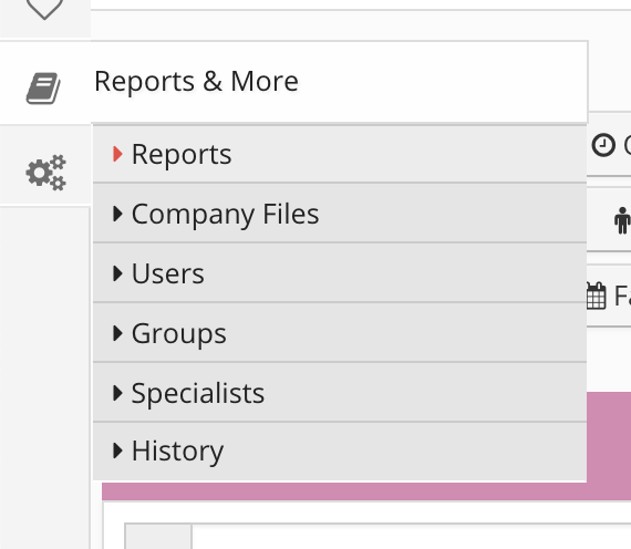 Dropdown menu with various report options.