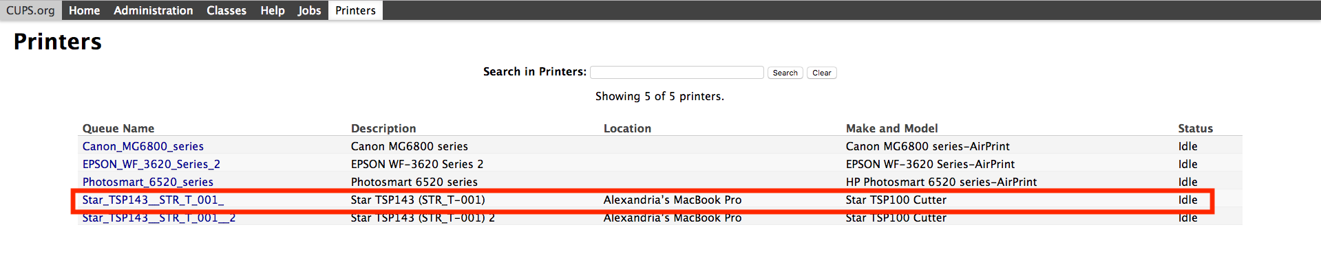 Printer list with status 'Idle'