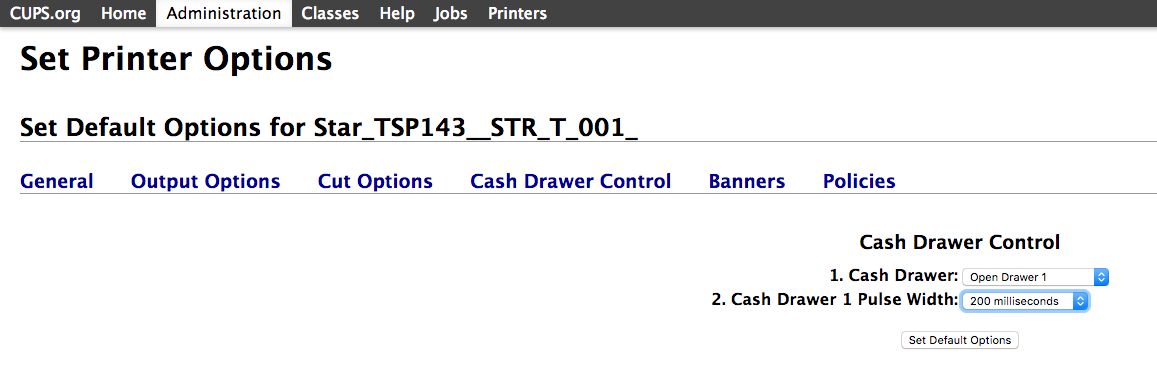 Printer options for cash drawer control.