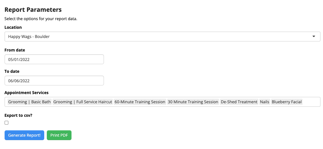 Report parameters selection form