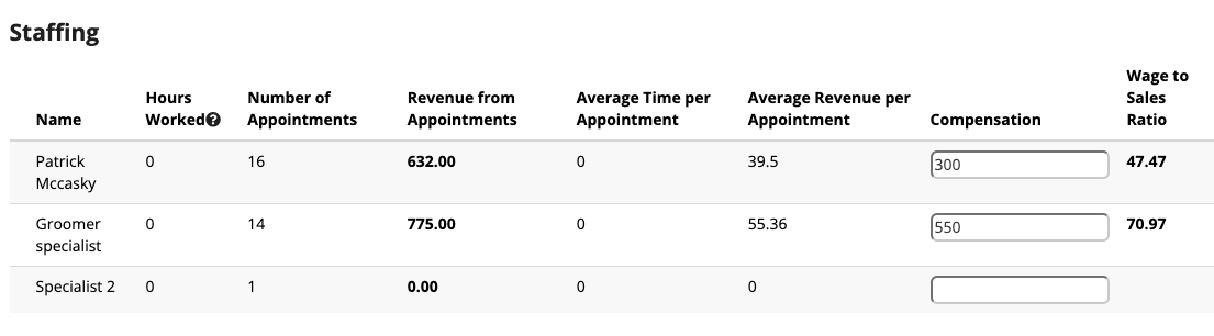 Staffing table with appointments and revenue.