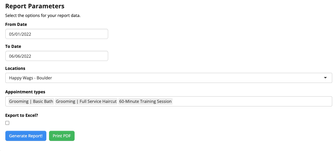 Report parameters selection form