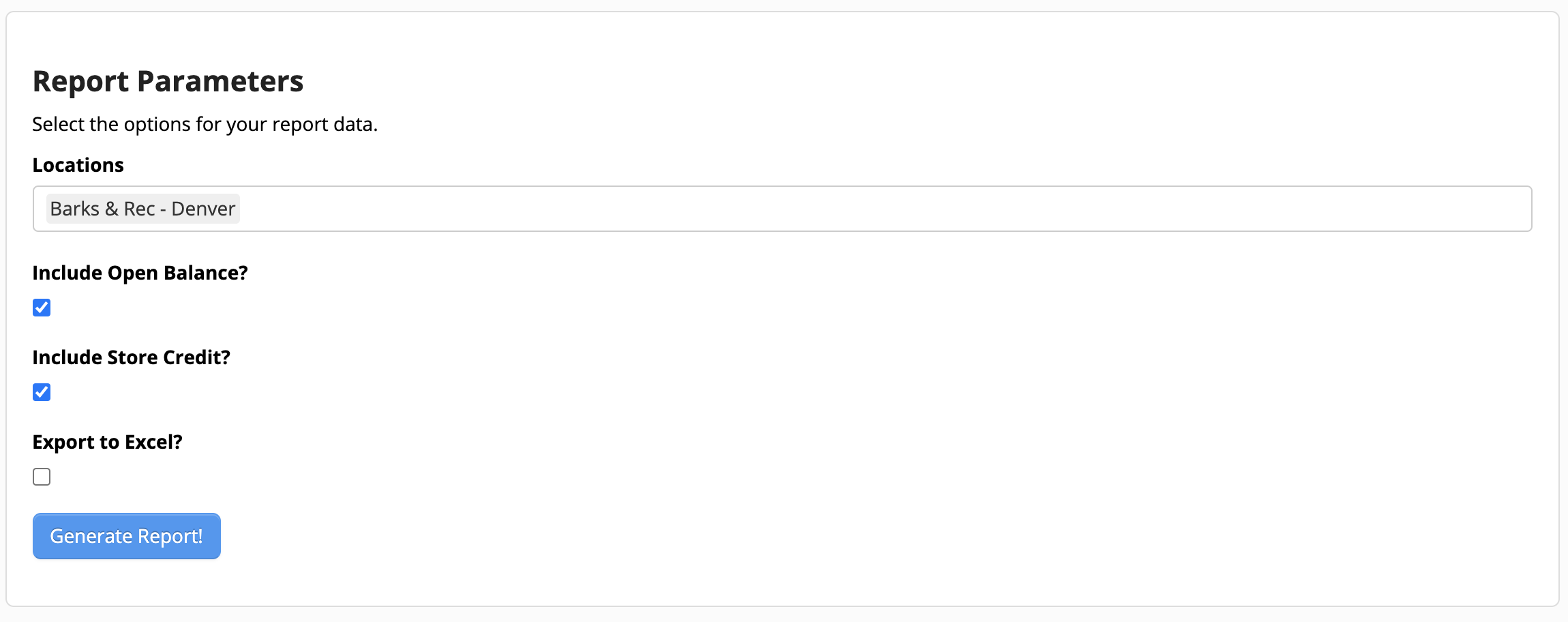 Report parameters selection form.