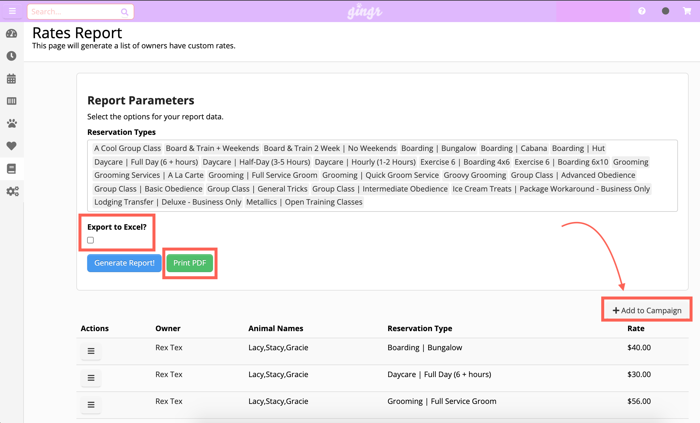 Rates report interface with options and table.