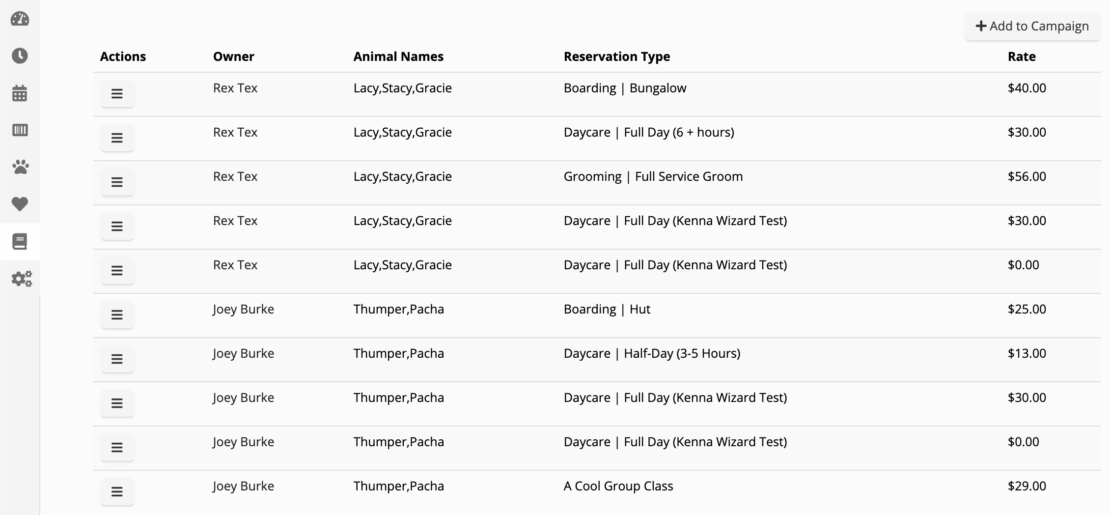 Pet reservation table with rates.