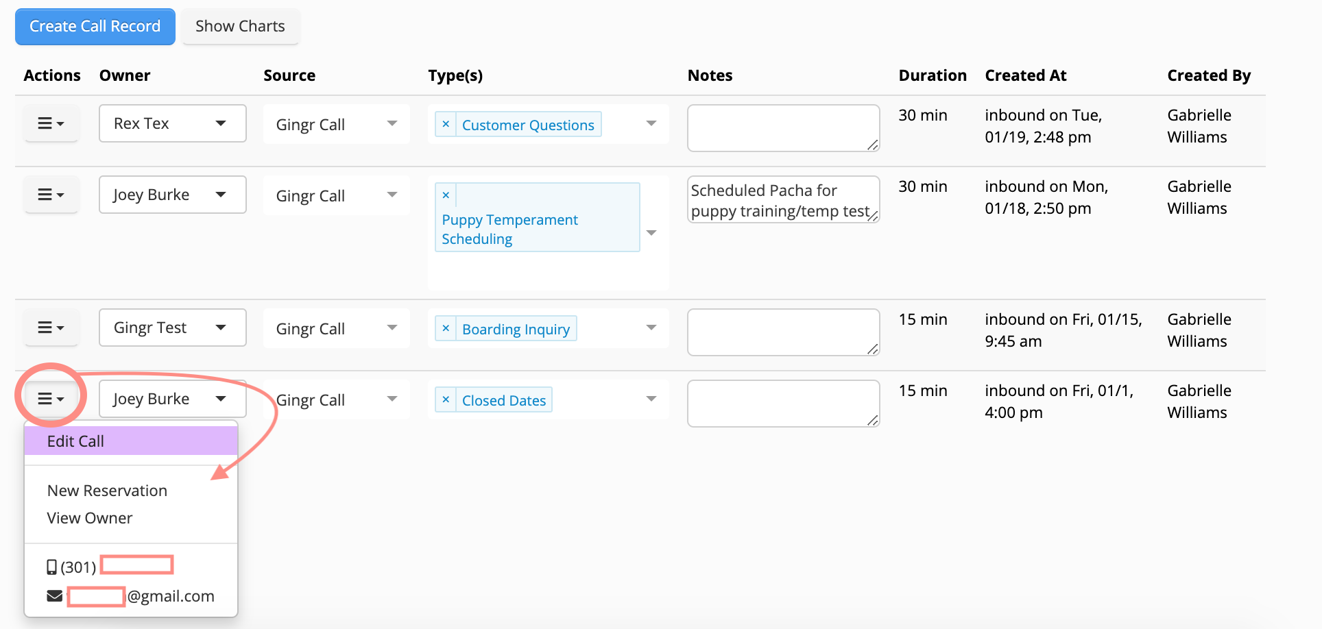 Call records table with dropdown menu.