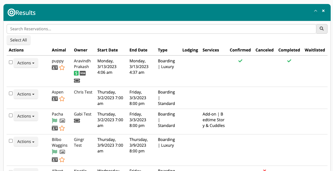 Pet boarding reservation list.