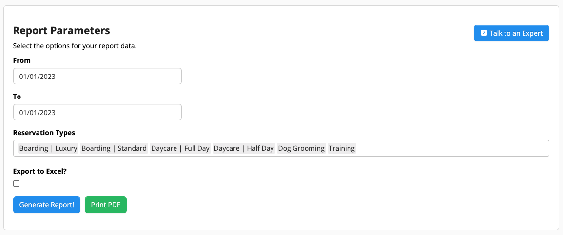 Report parameters form with date fields.