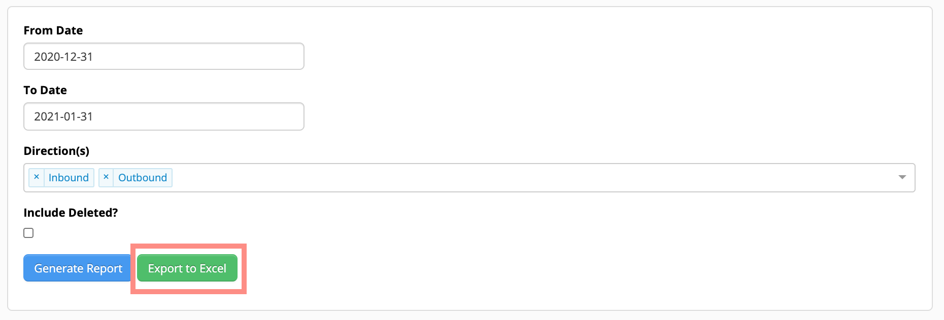 Form with Export to Excel button highlighted.