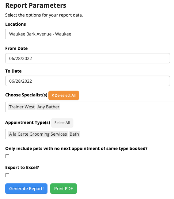 Report parameters selection form