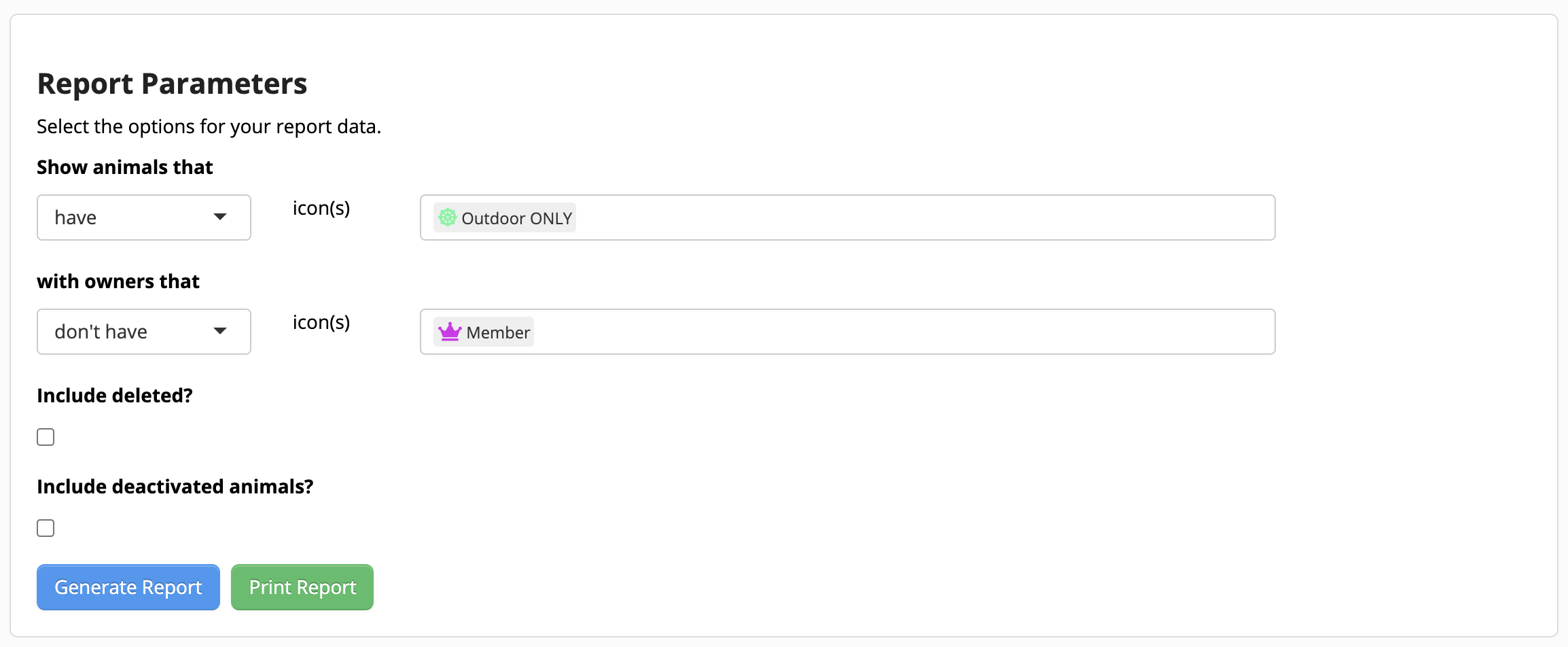 Report parameters selection form