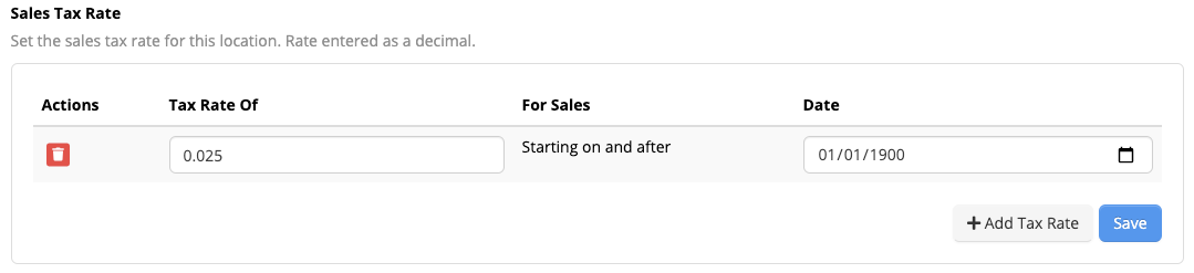 Sales tax rate entry form interface.
