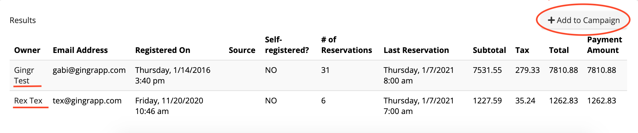 Table of reservations and payment details.