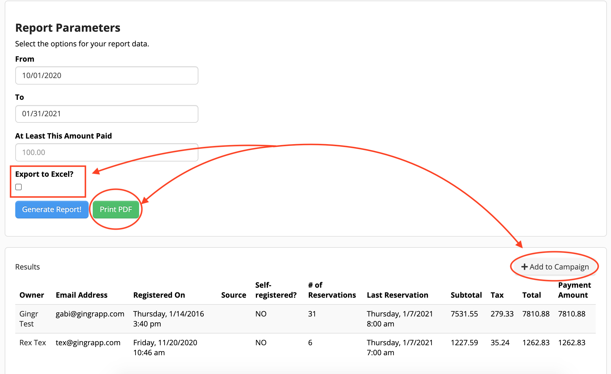 Report parameters and results table interface.