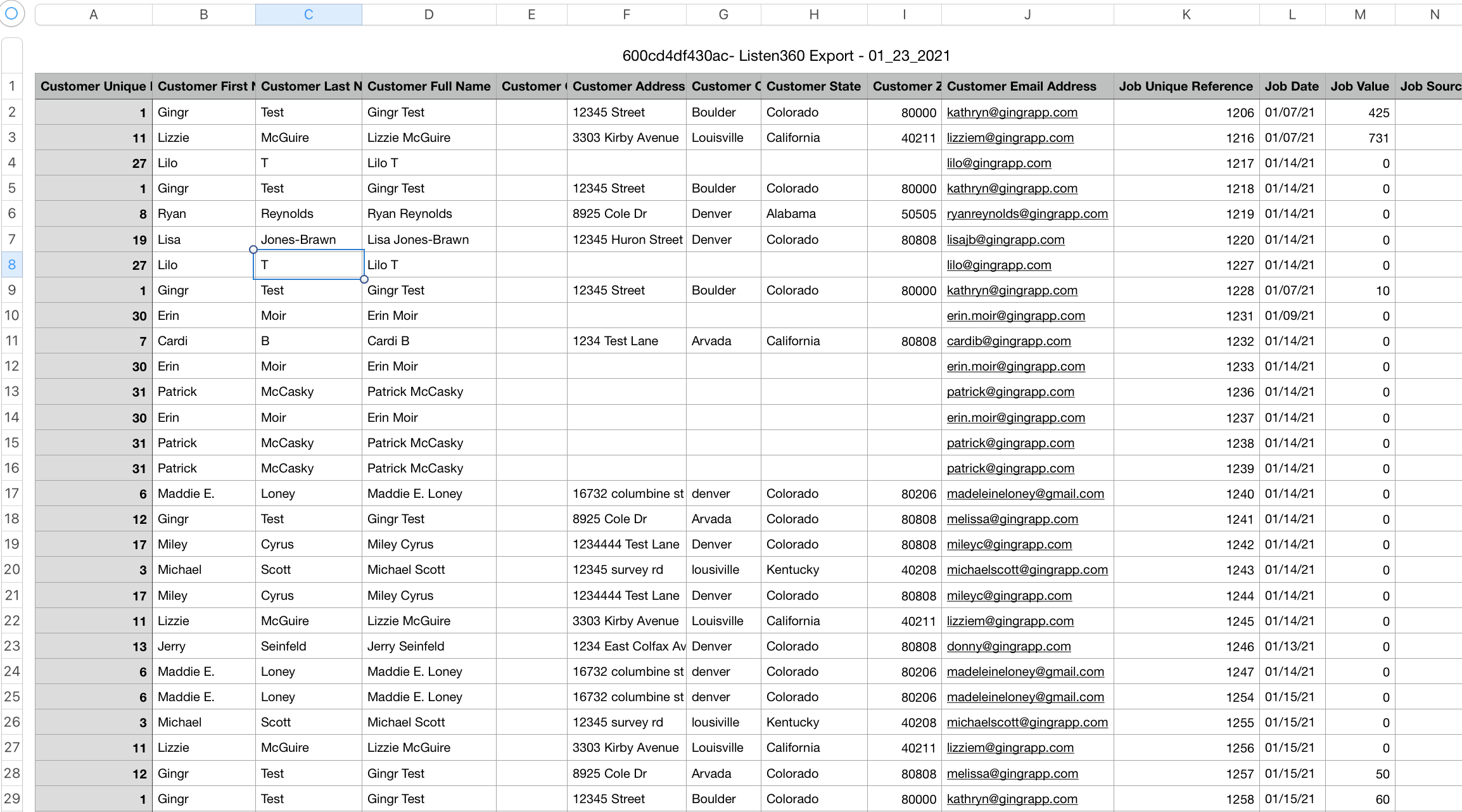Spreadsheet with customer data and job details.