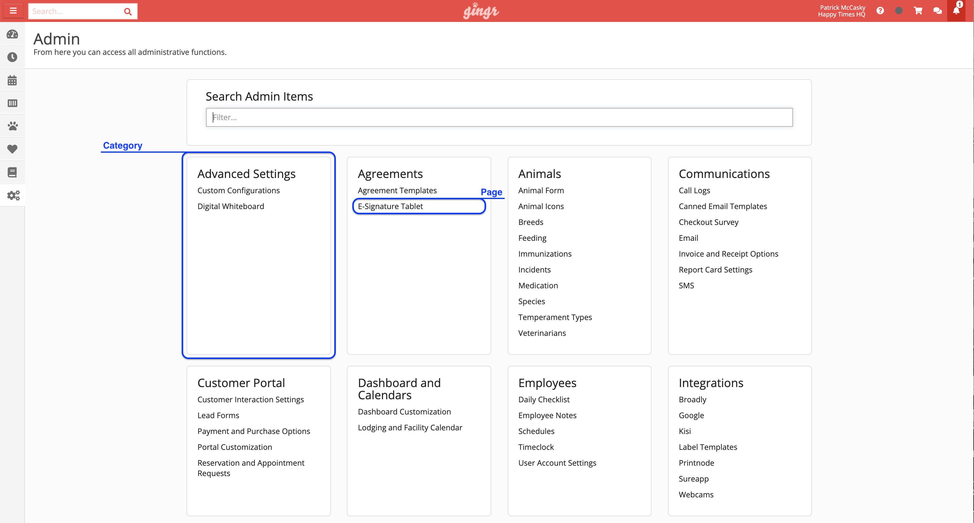 Admin dashboard with various settings categories.
