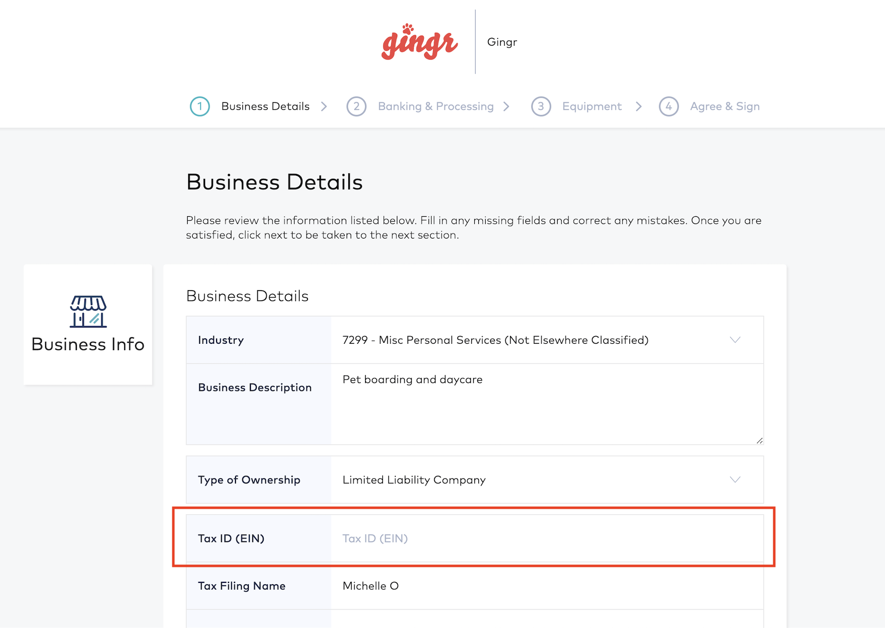 Business details form on Gingr website