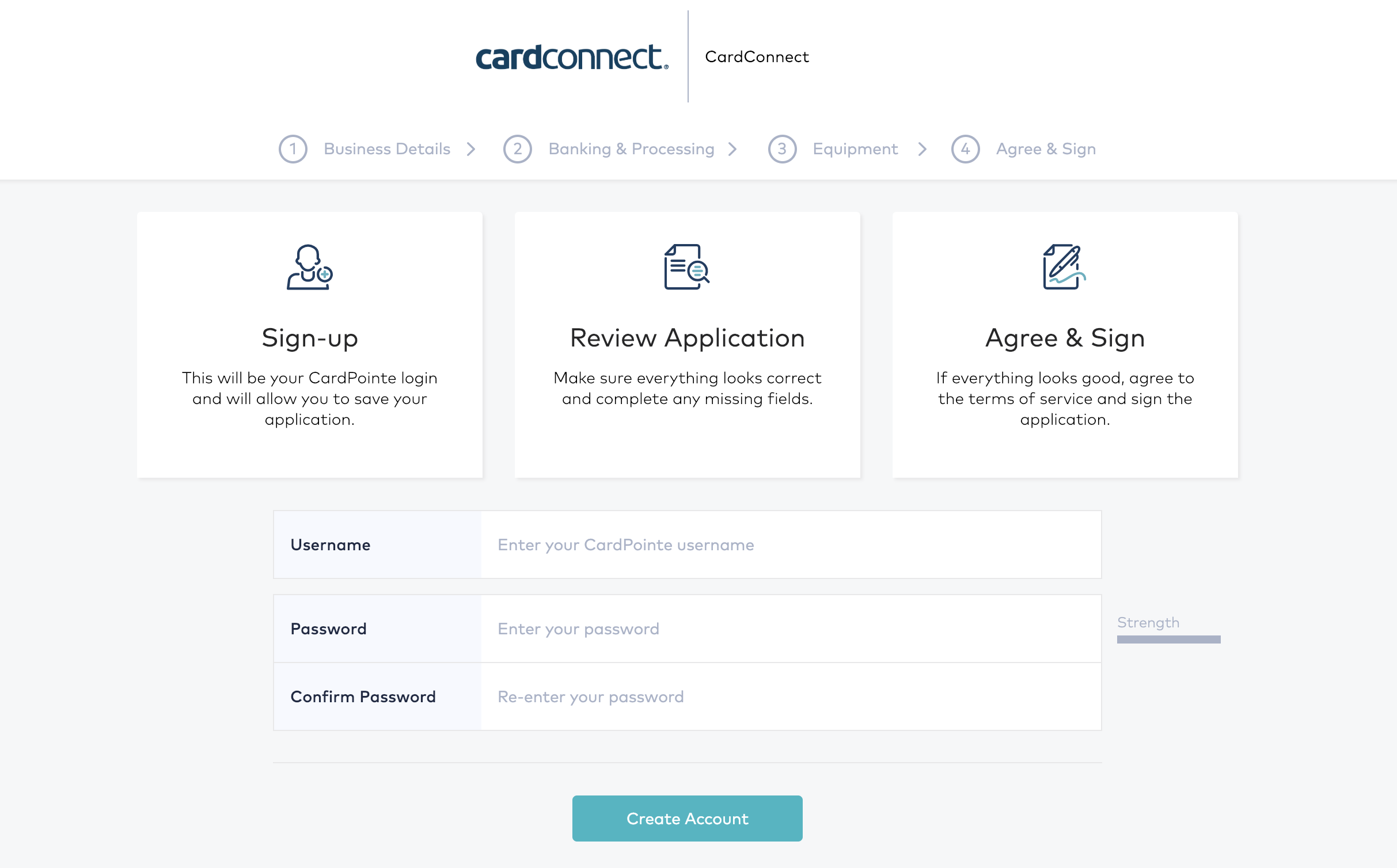 CardConnect account creation page