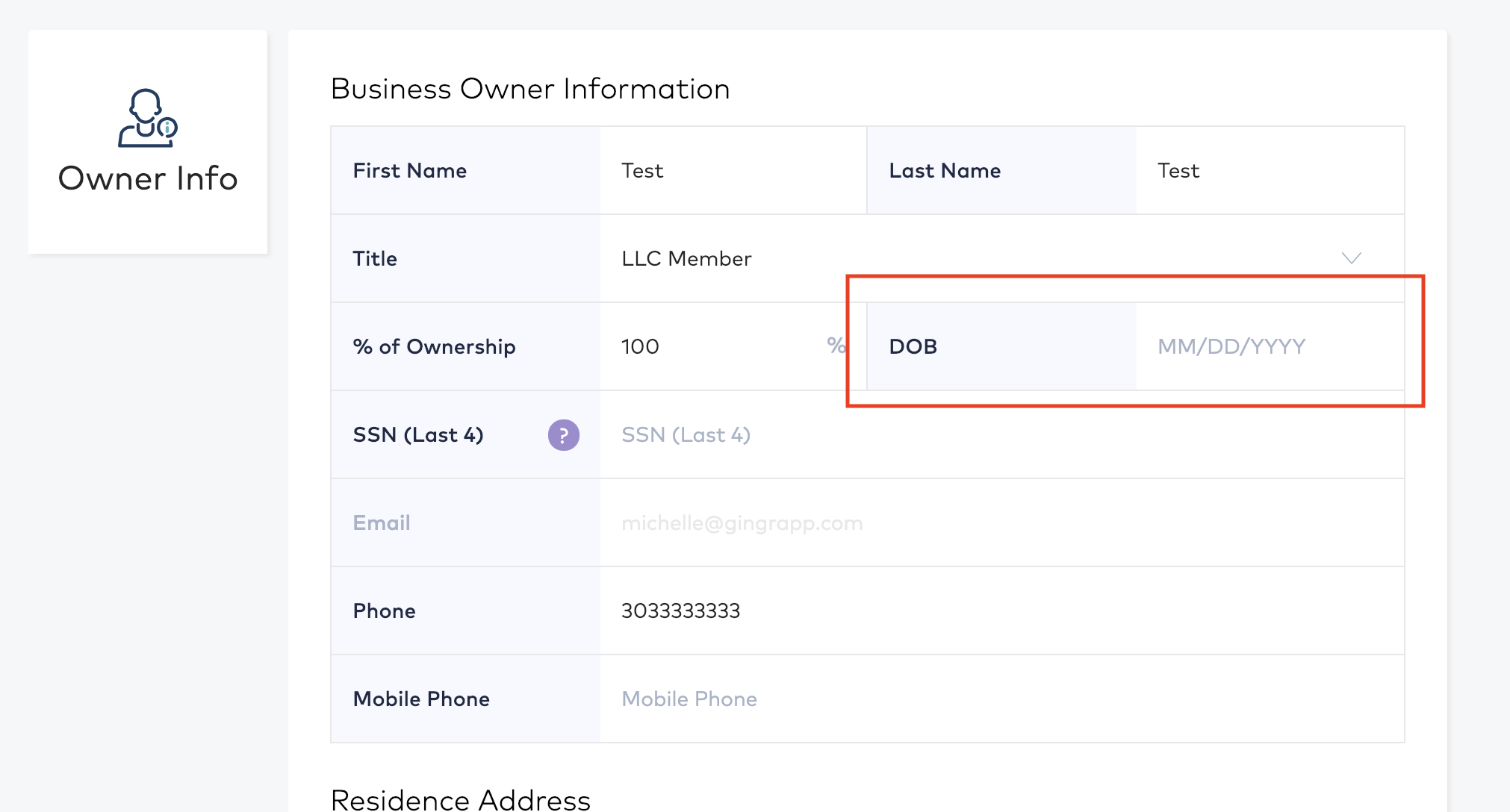 Business owner information form.