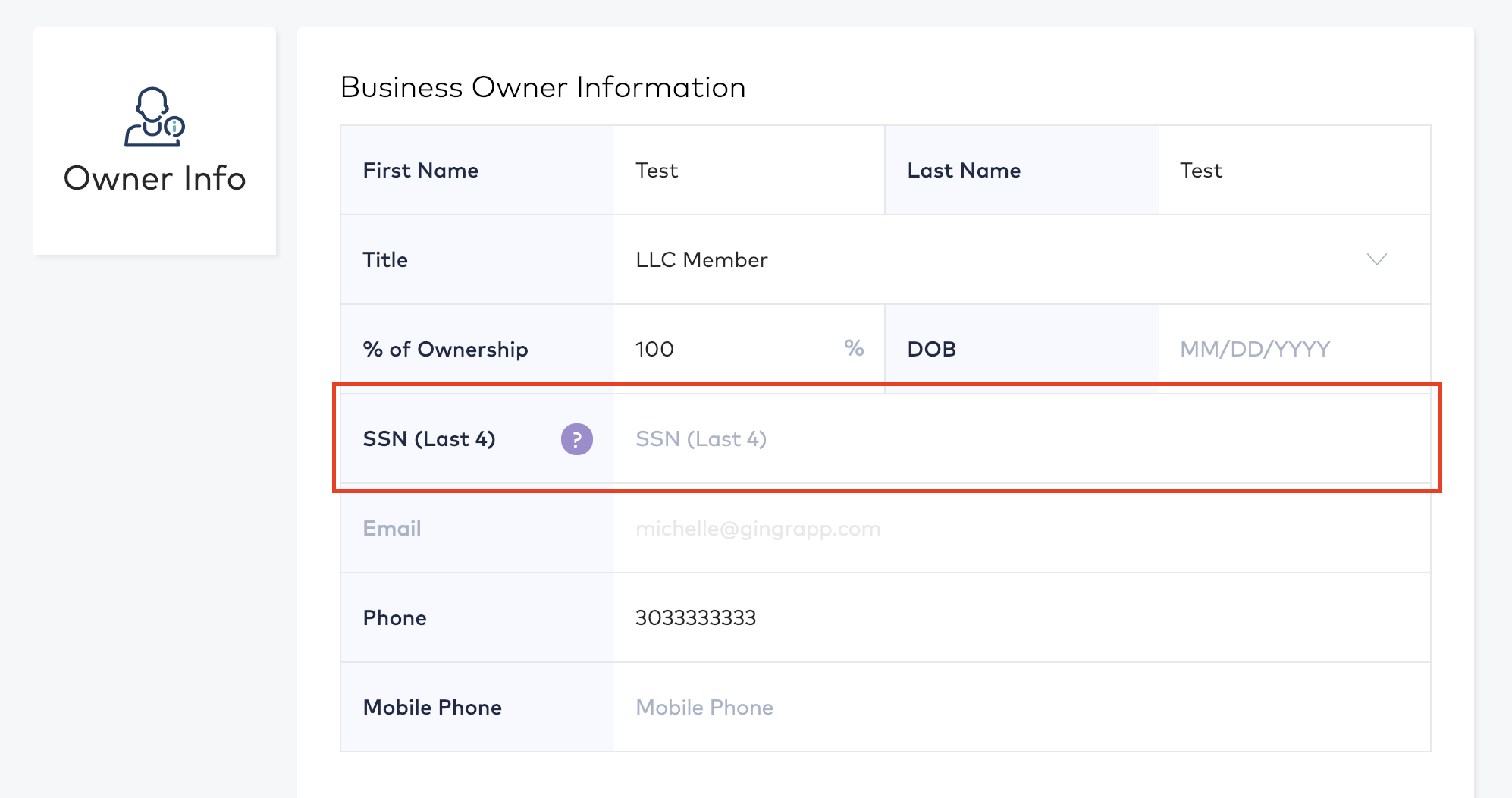 Business owner information form.