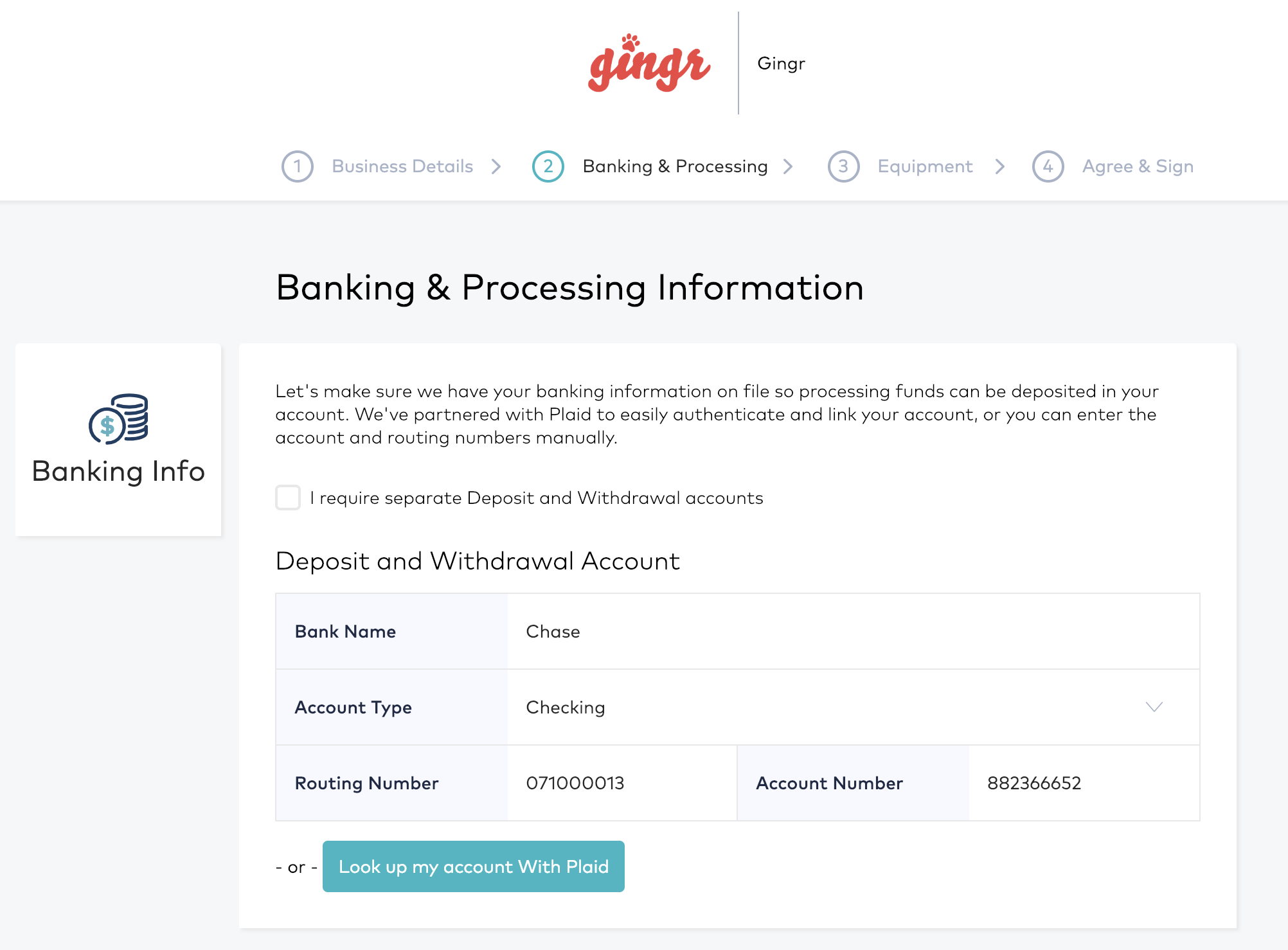 Banking & Processing Information form