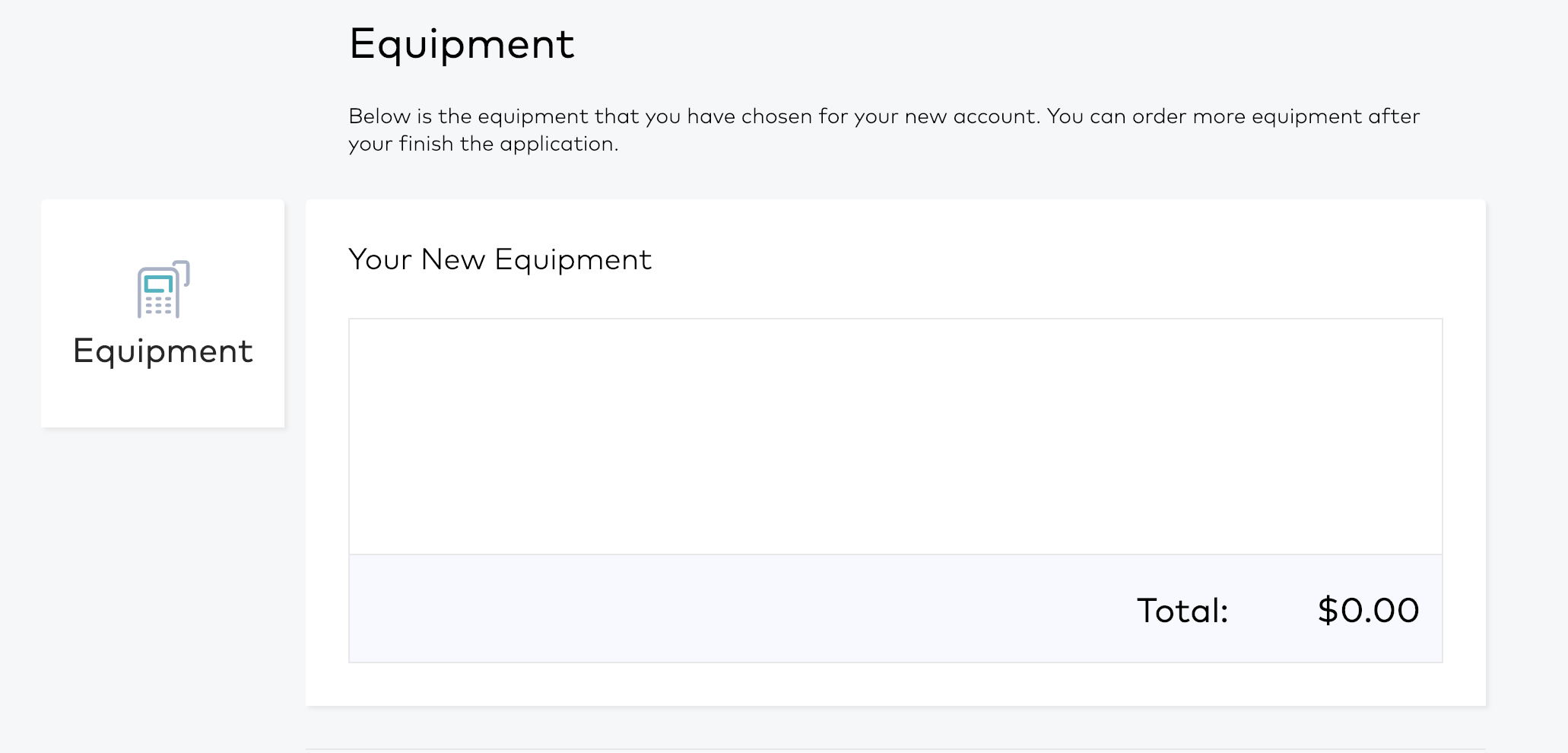 Equipment selection with total $0.00