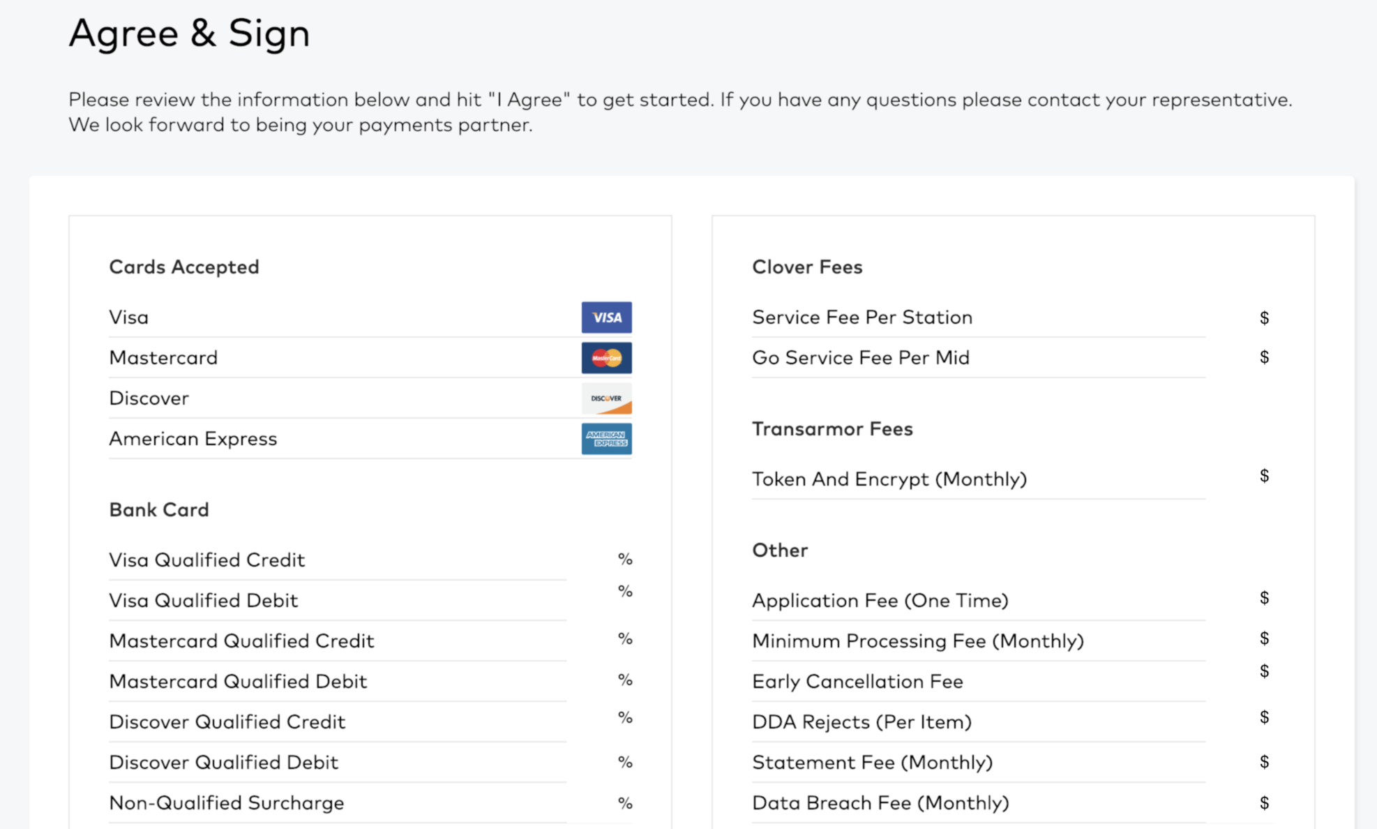 Payment options and fees list