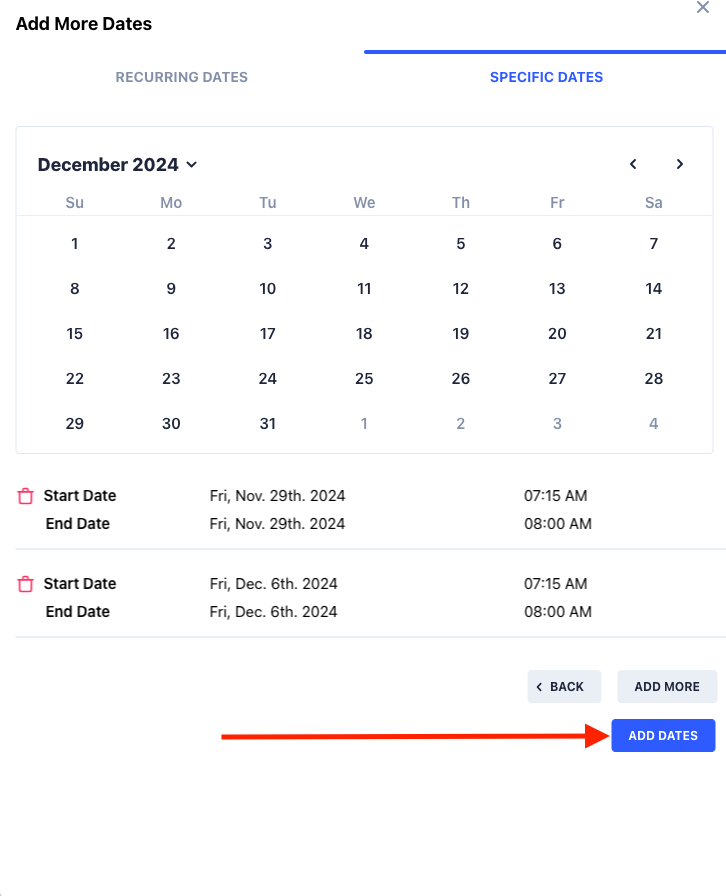 Calendar with selected dates in December 2024