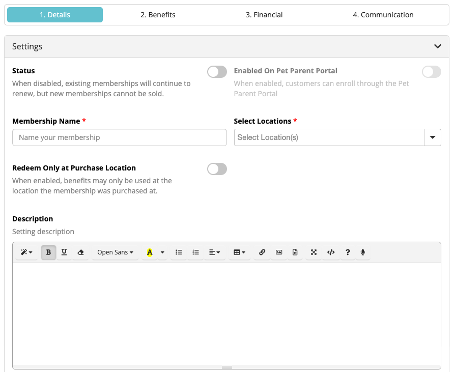 Membership settings form interface.