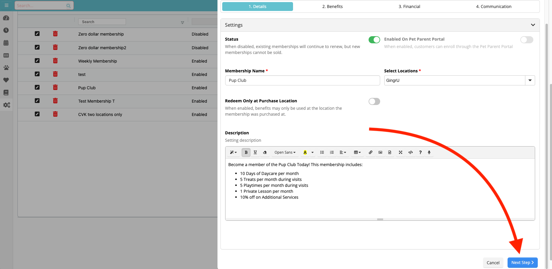 Membership settings and details screen