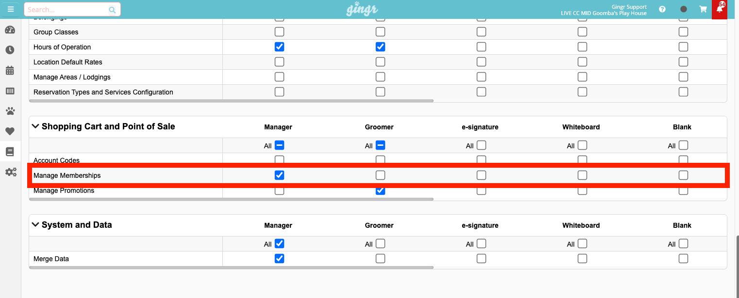 Manage Memberships" checkbox highlighted.