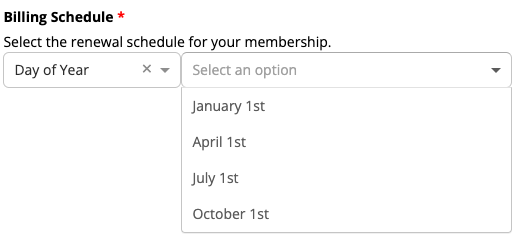 Membership renewal schedule dropdown menu.