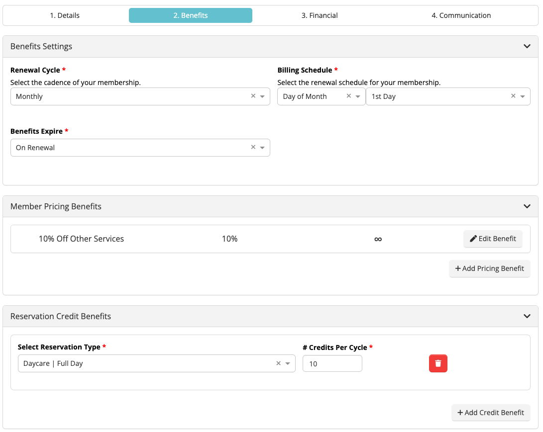 Membership benefits settings form.