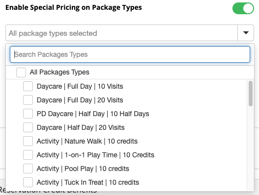 Package selection menu with pricing options.