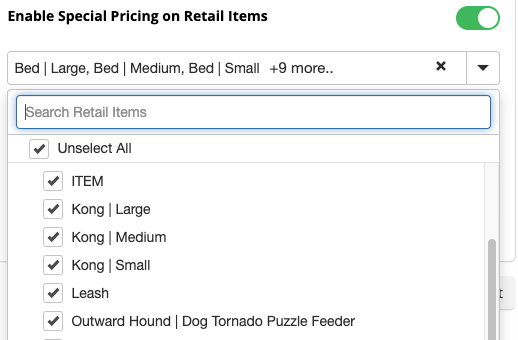 Dropdown menu for retail item selection.