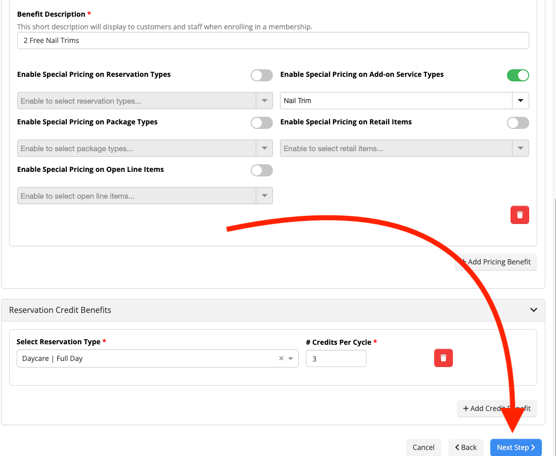 Membership benefit settings interface