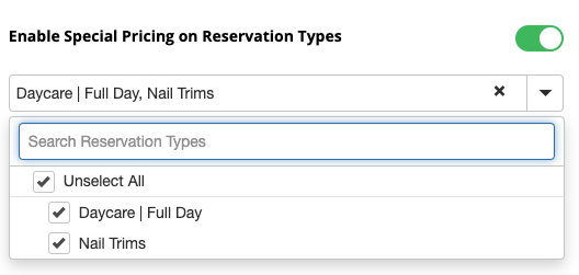 Dropdown menu for reservation type selection.