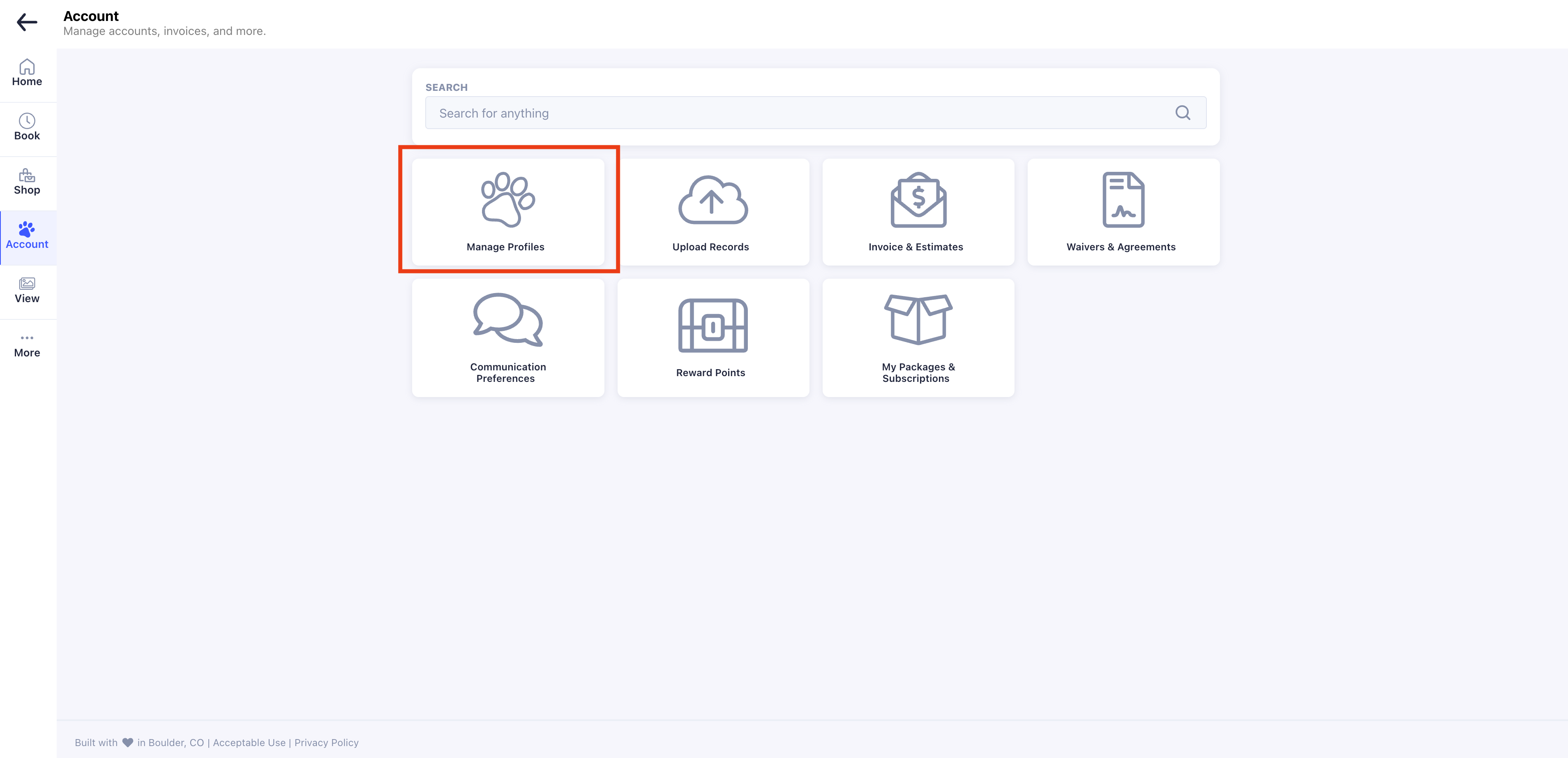 Account management dashboard with icons.
