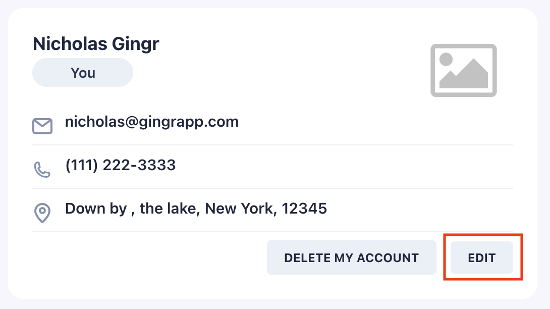 Profile card with contact details and edit button.