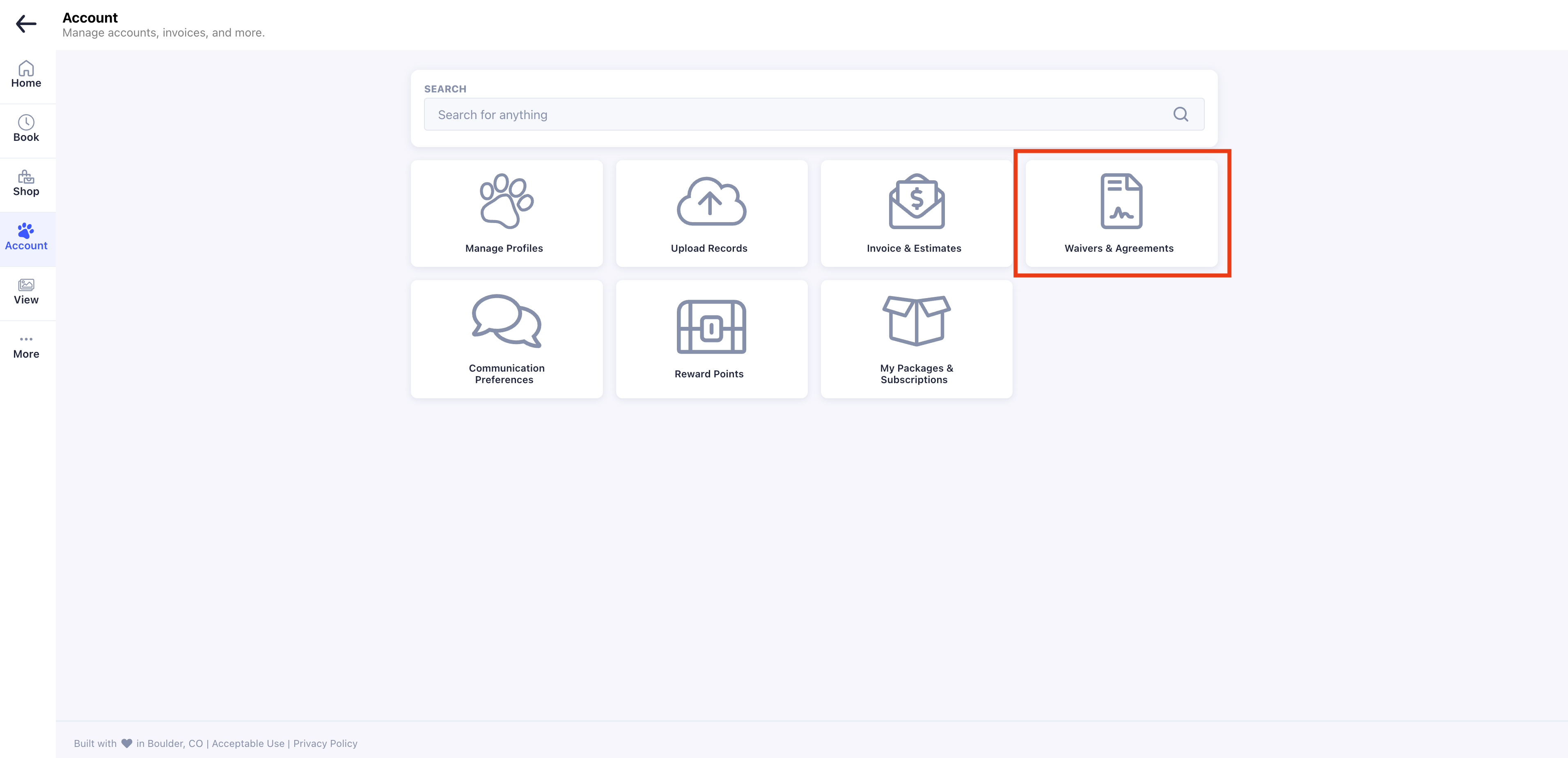 Account management dashboard interface