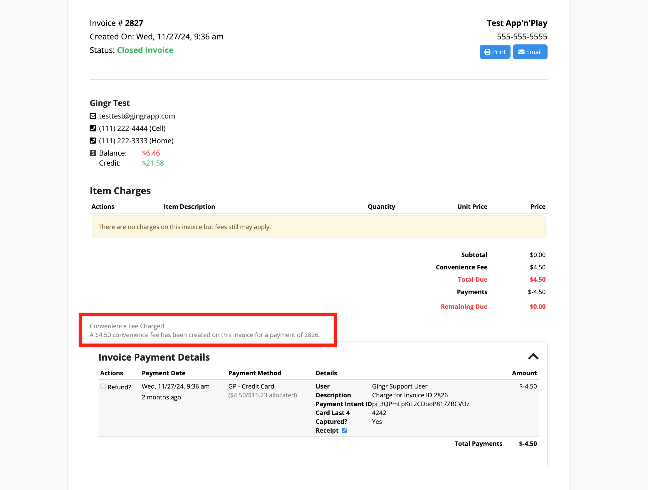 Invoice with convenience fee details