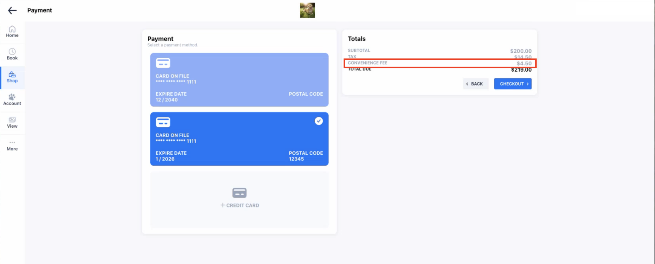 Payment screen with card options and totals.