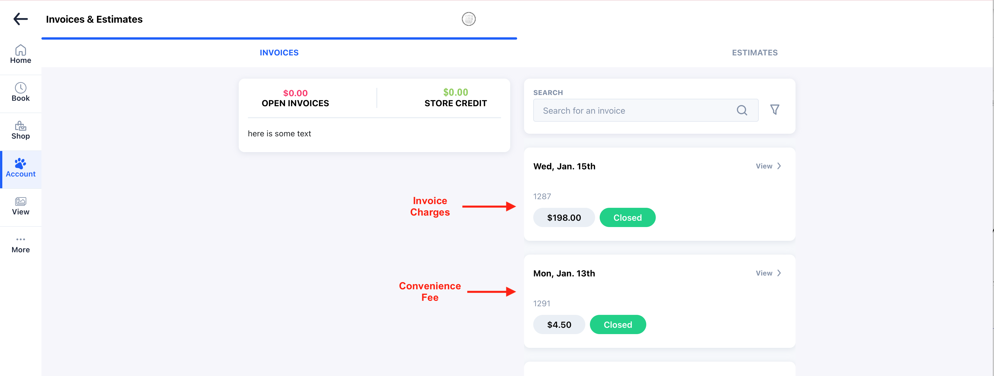 Invoice and estimate dashboard view