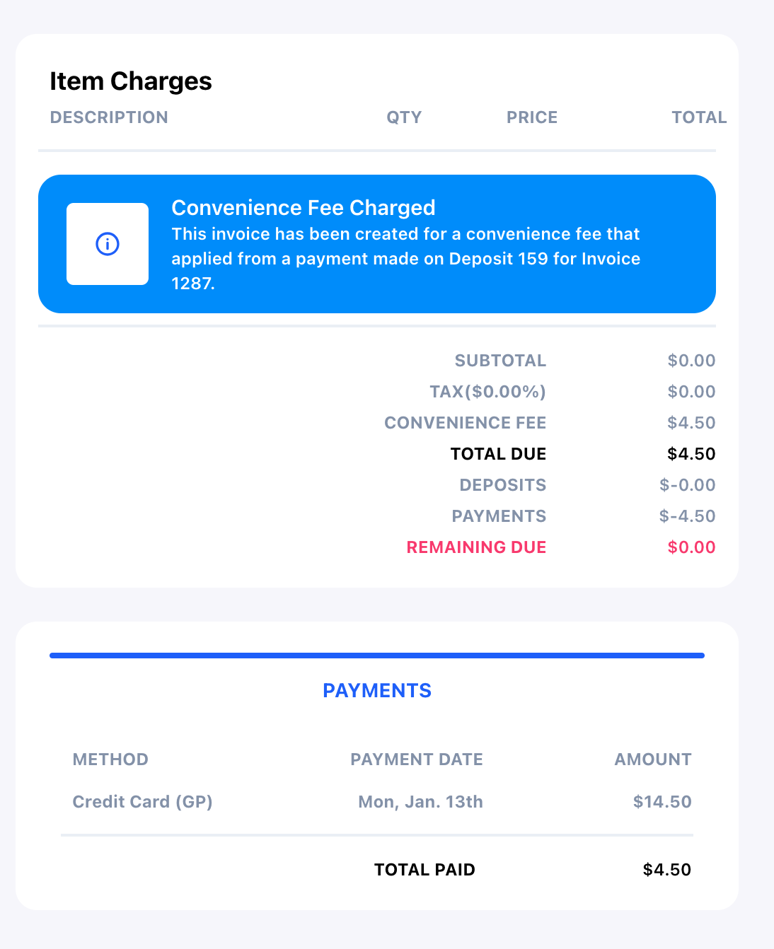 Invoice with convenience fee details