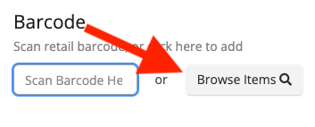 Barcode scan button with red arrow pointing