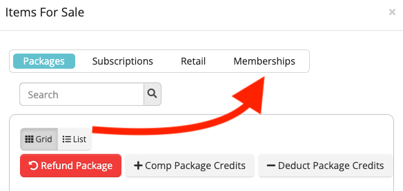 Tabs for sale items with arrow pointing to Packages