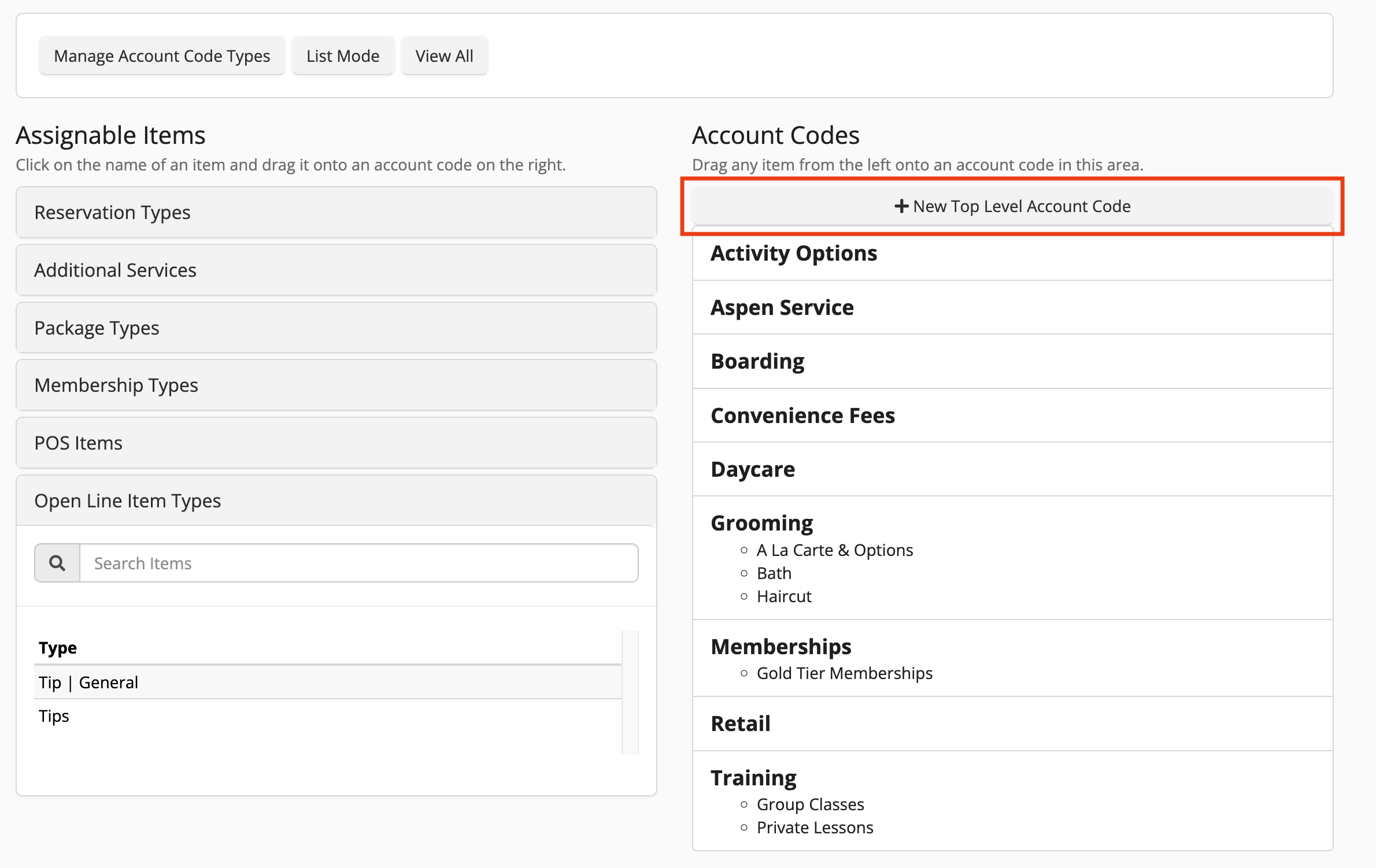 Account codes and assignable items interface
